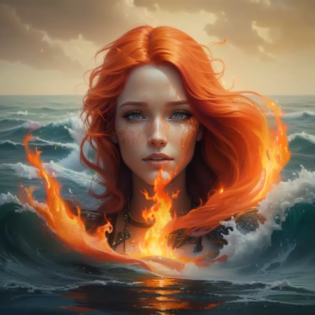 a painting of a woman with red hair and a flame in the water, burning ocean, hyperrealistic fantasy art, graphic artist magali villeneuve, realistic fantasy artwork, goddess of fire, fire and water, realistic fantasy painting, by Alexander Kucharsky, flames surround her, magali villeneuve', amazing art, ocean of canvas catching fire rage in eyes