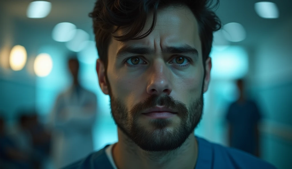 Portrait of a 35-year-old adult man with a youthful appearance, with himself as the main subject. He should have short, slightly wavy dark brown hair and a sparse beard evenly distributed across his face, as well as a serious, worried expression, looking directly at the camera. He is in an indoor environment, suggesting a hospital waiting room, with cool artificial lighting, creating a soft effect that creates diffuse shadows that highlight the texture of the skin and the brightness of the eyes, as well as emphasizing the angular features of the face. He is dressed in a dark gray dress shirt. The background should be wide and blurred, giving a tone of depth, focusing on the main subject, and should suggest movement of ordinary people and doctors, with points of light in a bokeh effect, suggesting the lights and fixtures of the hospital. The image should convey an introspective feeling, with a touch of mystery and contemplation. The photograph should capture extreme detail, with high-quality rendering in 8k, while maintaining the serene and enigmatic atmosphere. High quality photography, 8k rendering, extreme detail, realistic portrait, introspective atmosphere, soft and diffuse lighting, artificial light.