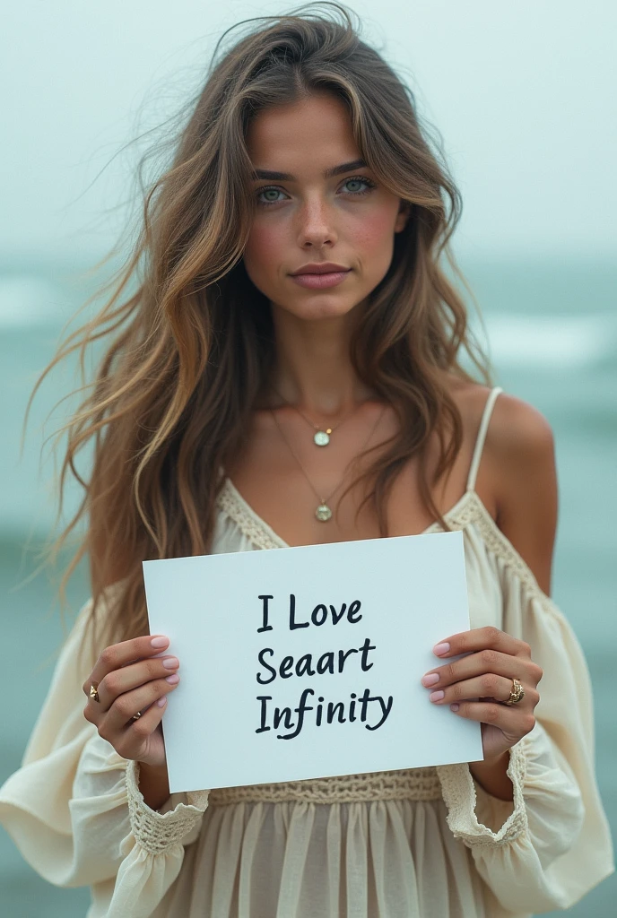 Beautiful girl with wavy long hair, bohemian dress, holding a white board with text "I Love Seaart Infinity" and showing it to the viewer