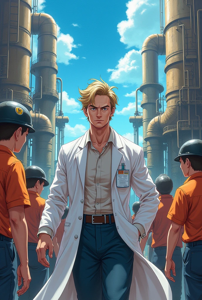 Eye-catching images with Dragon Ball Z anime style about :  Occupational physician attending workers 