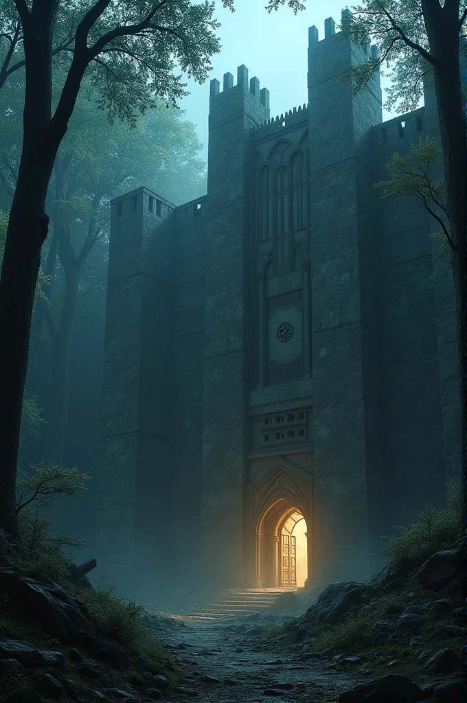 A large base in the middle of the woods with giant walls and the letters CDM written at the entrance., it&#39;s night.