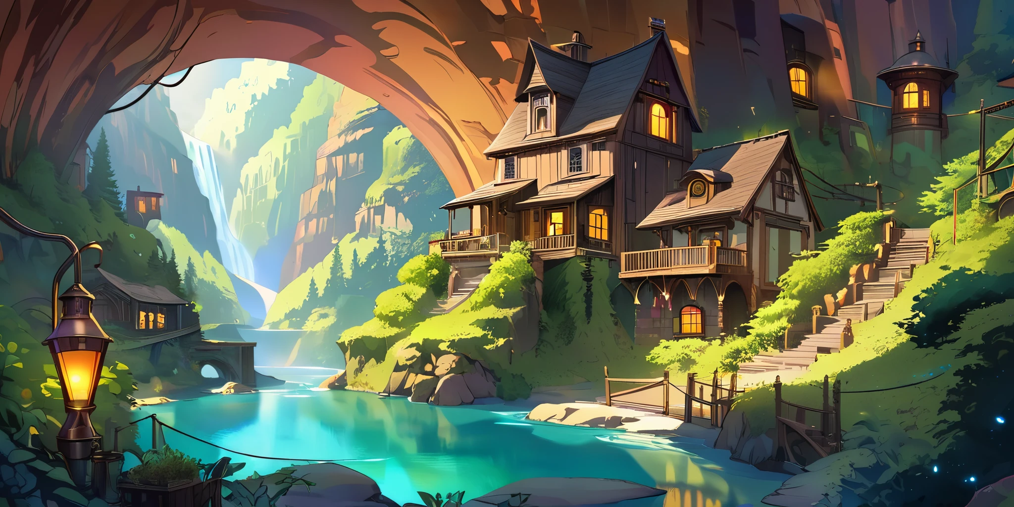 Dessinez une affiche d'anime lofi, village, canyon, Décoration Steampunk, Cascade, Lumière, forêt, une belle palette de couleurs en verre brun, couleurs saturées vibrantes, ouvrages d&#39;art, aucun humain, les jours, thème animé