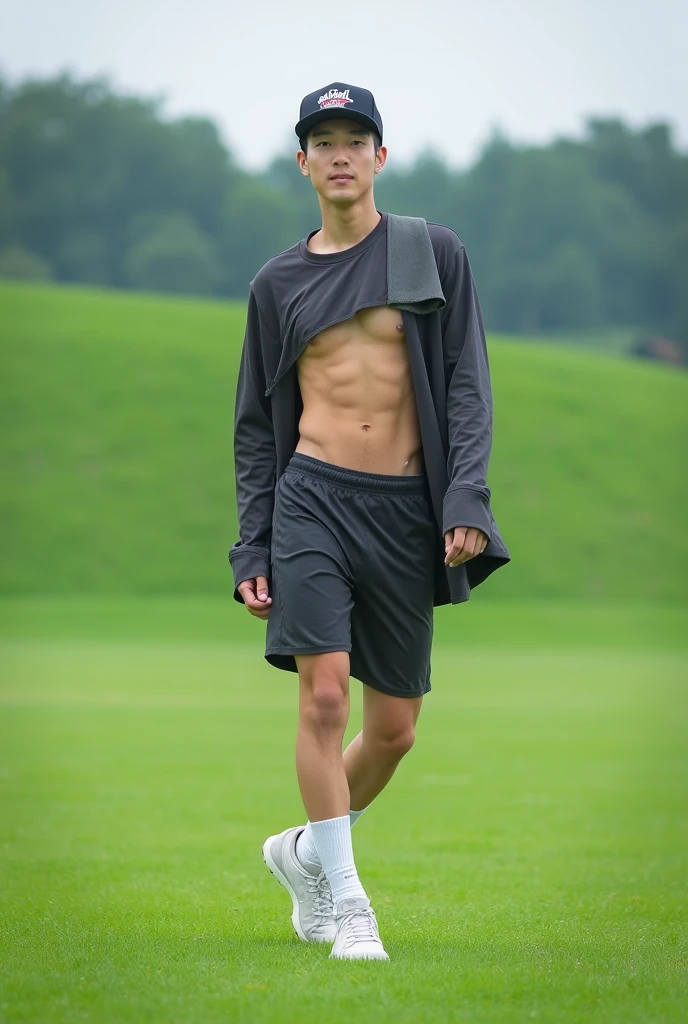 Korean man, long-sleeved sportswear, short sports shorts, long socks, sports cap, grass field, kpop artist