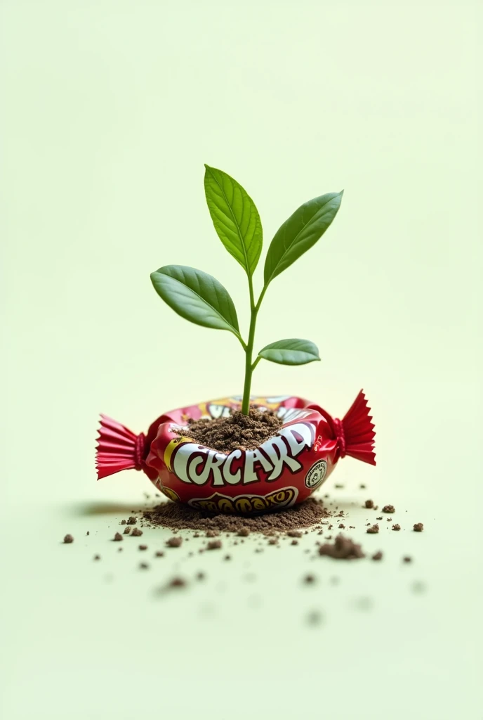 A logo where there is a candy wrapper germinating (logo/Brand Name)