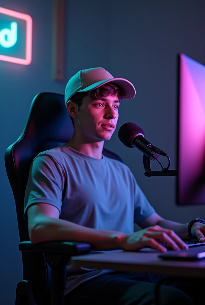 A young man with short hair and a light baseball cap is speaking into a microphone. He is seated in a gaming chair with a neutral background featuring a dimly lit room. Have a A neon sign . He appears engaged and relaxed.