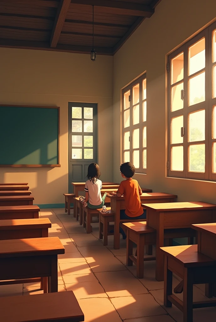 An indian classroom having full of wooden desks and benches from the side view the desks and benches are facing towards left side and the right side of the desks and benches having window which had three part and the back side also having a window as the right side window and in the last bench a boy and girl is sitting and looking each other