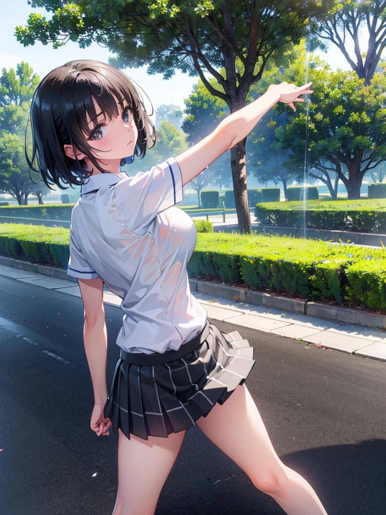 (Highest quality, masterpiece, Ultra-high resolution, (Photorealistic:1.4), RAW Photos),One girl,chool uniform,(wet:1.1), short sleeve,no skirt ,show off hip,no panties,no bra,(Very short black hair, Amazingly cute face, Very beautiful big black eyes)), Very lean body, Very flat and beautiful Massive Breasts and a beautiful ass,blush,Showcasing cleavage, legs, stretch legs, hip,spread legs, (back pose:1.3),View Viewer, Detailed face, Fine grain, Detailed Hair, Detailed body, Thigh details,