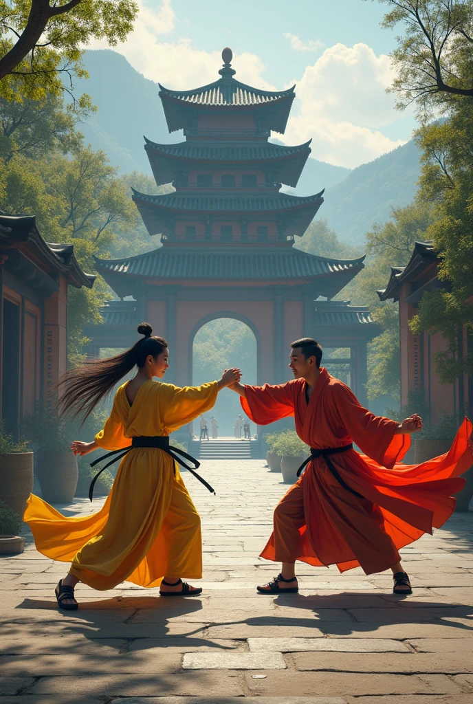 Wong fei hung fighting against a kung Fu master. Tong long style. In the background the scenery of a shaolin temple in the mountains. This image should be like the cover of an RPG book. Make it more realistic. Do one with a closed fist and the other with a flying kick
