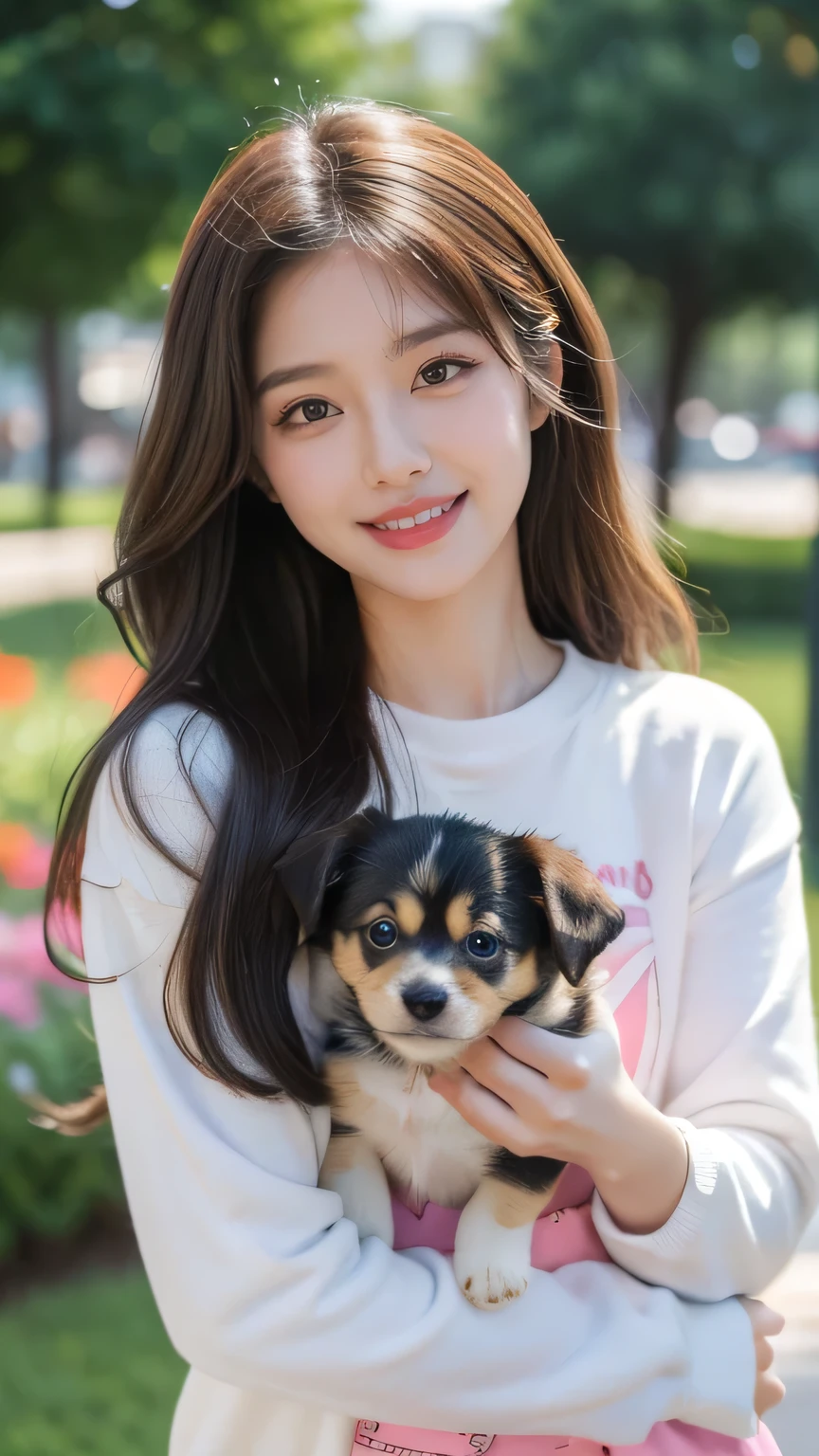 (masterpiece:1.2,Highest quality),Blur the background,1 female college student,((Cute casual clothes)),((Holding a puppy)),Wavy Hair,((Beautiful Eyes)),Blushed,Healthy Skin,(smile),garden,8k resolution
