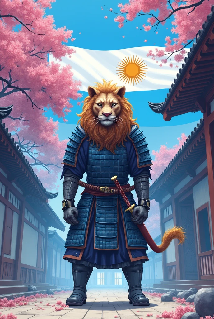 Samurai Lion in an Japanese dojo, modern art, hand-drawn, gray, blue and white colors, Lion warrior, traditional Japanese architecture, cherry blossom tree in bloom, intricate samurai armor, katana sword, focused expression, dynamic pose, detailed linework, soft pastel shades of blue, and lavender, artistic interpretation, ArtStation. Whit the big argentina flag and with a big sign that says ViP