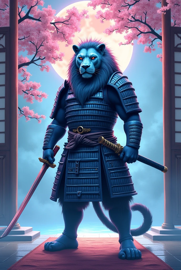 Samurai Lion in an Japanese dojo, modern art, hand-drawn, gray, blue and white colors, Lion warrior, traditional Japanese architecture, cherry blossom tree in bloom, intricate samurai armor, katana sword, focused expression, dynamic pose, detailed linework, soft pastel shades of blue, and lavender, artistic interpretation, ArtStation. Whit the big argentina flag and with a big sign that says ViP