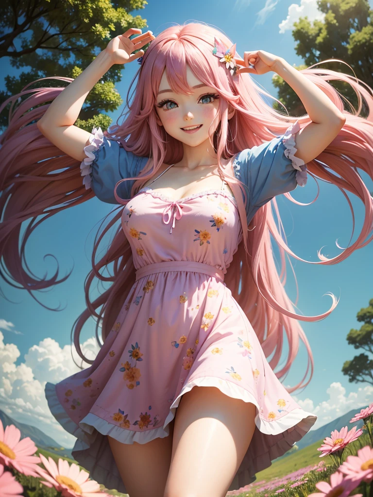 "A cheerful anime girl with long, flowing pink hair, wearing a pastel-colored dress with a soft floral pattern. She has big, sparkling blue eyes and is standing in a sunny meadow full of colorful flowers. Her pose is playful, with her arms slightly outstretched as she smiles warmly, surrounded by butterflies fluttering around. The sky is clear with a few fluffy clouds, giving the scene a bright and joyful