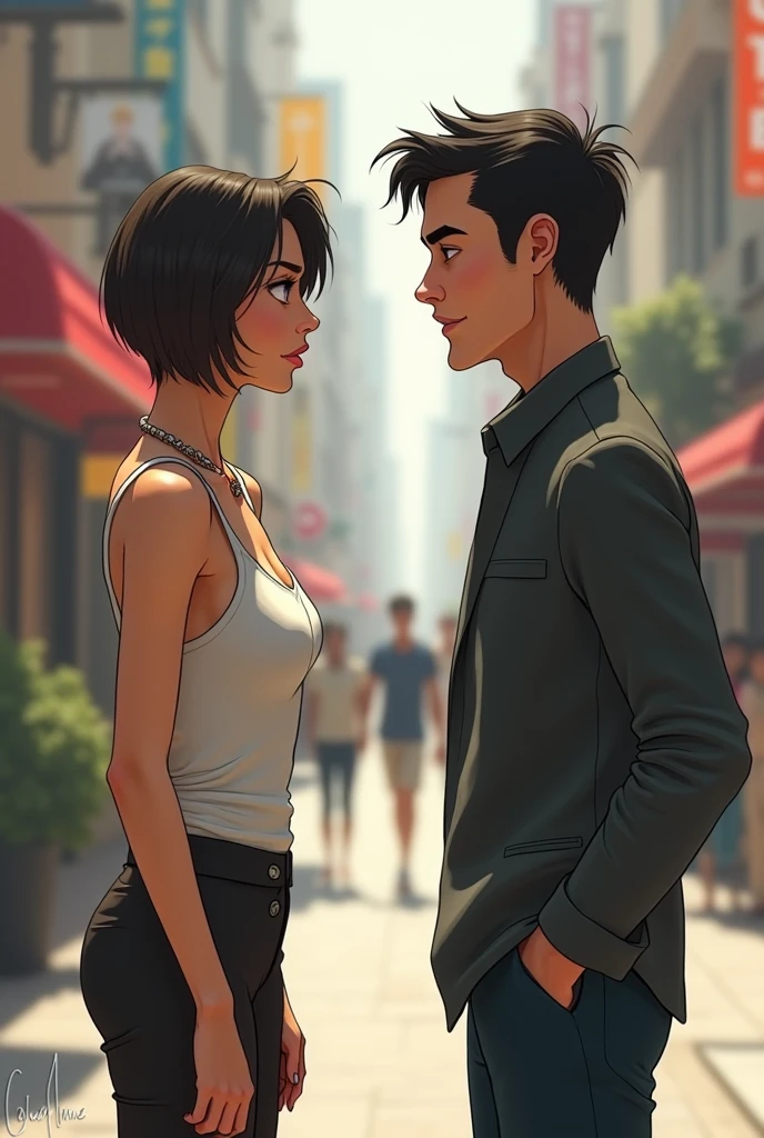 Skinny woman with very short hair rejecting a skinny guy with short hair and a goofy face.