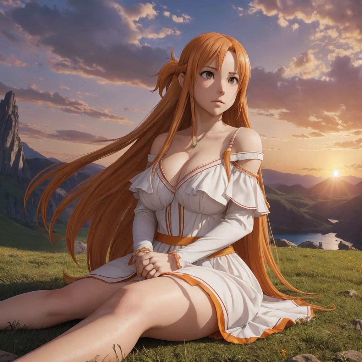 score_9, score_8_up, score_7_up, score_6_up, uncensored, Asuna Yuuki long hair, orange hair, fold hair, braid, orange eyes, breasts, epic art, fantasy, 1girl, grass, solo, barefoot, sitting, breasts, mountain, sunset, dress, bare_shoulders, outdoors, looking_at_viewer, off_shoulder, field, sky, lake, collarbone, mountainous_horizon, indian_style, twilight, tree, black_dress, large_breasts, scenery, medium_breasts, feet, off-shoulder_dress, (bokeh:1.3), rock,
