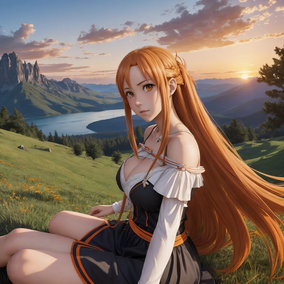 score_9, score_8_up, score_7_up, score_6_up, uncensored, Asuna Yuuki long hair, orange hair, fold hair, braid, orange eyes, breasts, epic art, fantasy, 1girl, grass, solo, barefoot, sitting, breasts, mountain, sunset, dress, bare_shoulders, outdoors, looking_at_viewer, off_shoulder, field, sky, lake, collarbone, mountainous_horizon, indian_style, twilight, tree, black_dress, large_breasts, scenery, medium_breasts, feet, off-shoulder_dress, (bokeh:1.3), rock,
