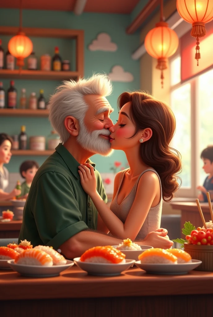 White bearded man kissing white woman, brown hair and green eyes. They are both in a sushi restaurant. Pixar-style 