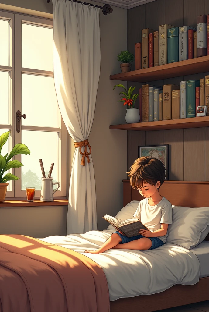 Peaceful boy's bedroom with a bookshelf