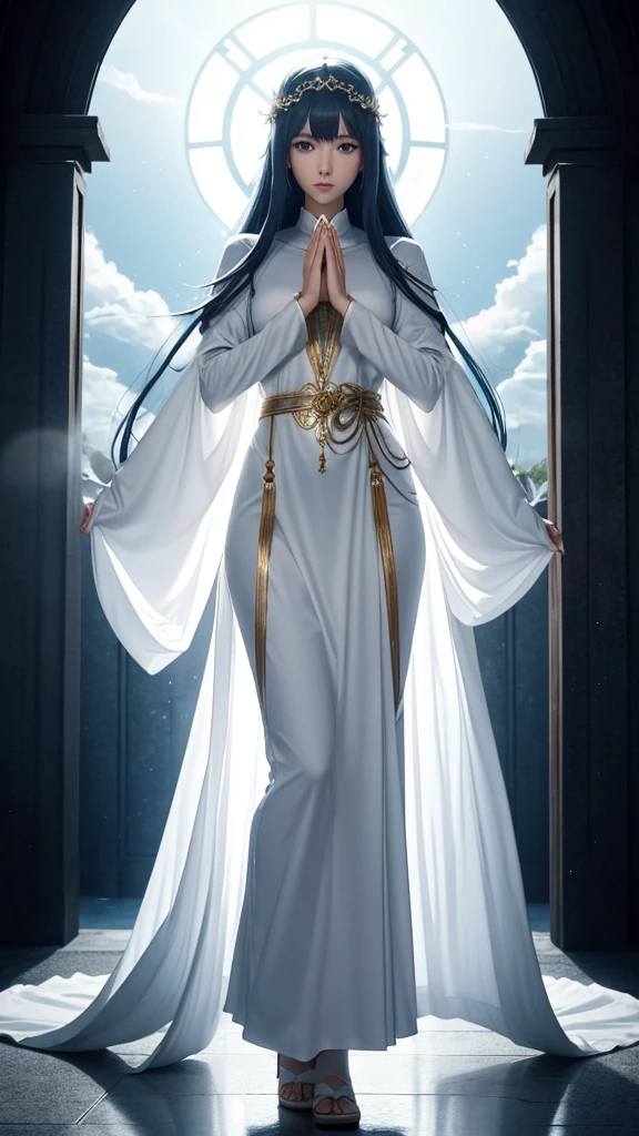 8k、Ultra HD、anime、(A very beautiful female character with well-defined features)、((Beautiful clear blue eyes))、(((Full body is facing the camera straight on)))、Beautiful long hair、Messy bangs、(((Beautiful and well-proportioned full-body depiction)))、(Beautifully proportioned depiction of human limbs)、(((Beautiful slender long fingers)))、(((Prayer Pose)))、((Wearing thin, white, glowing, mystical clothing))、(A background of the temple of the sun and goddess))、(((Looking towards here)))、