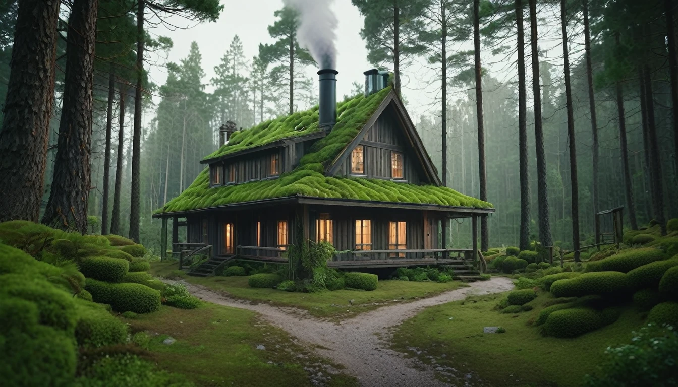 a wooden house on a forest path, overgrown with moss and vines, surrounded by tall pine trees, overcast sky with soft lighting, chimney smoke gently rising, peaceful and serene atmosphere, 8k, highly detailed, photorealistic, masterpiece, hyper-realistic, cinematic lighting, muted color palette, lush greenery, wooden textures, atmospheric fog, nearest small river