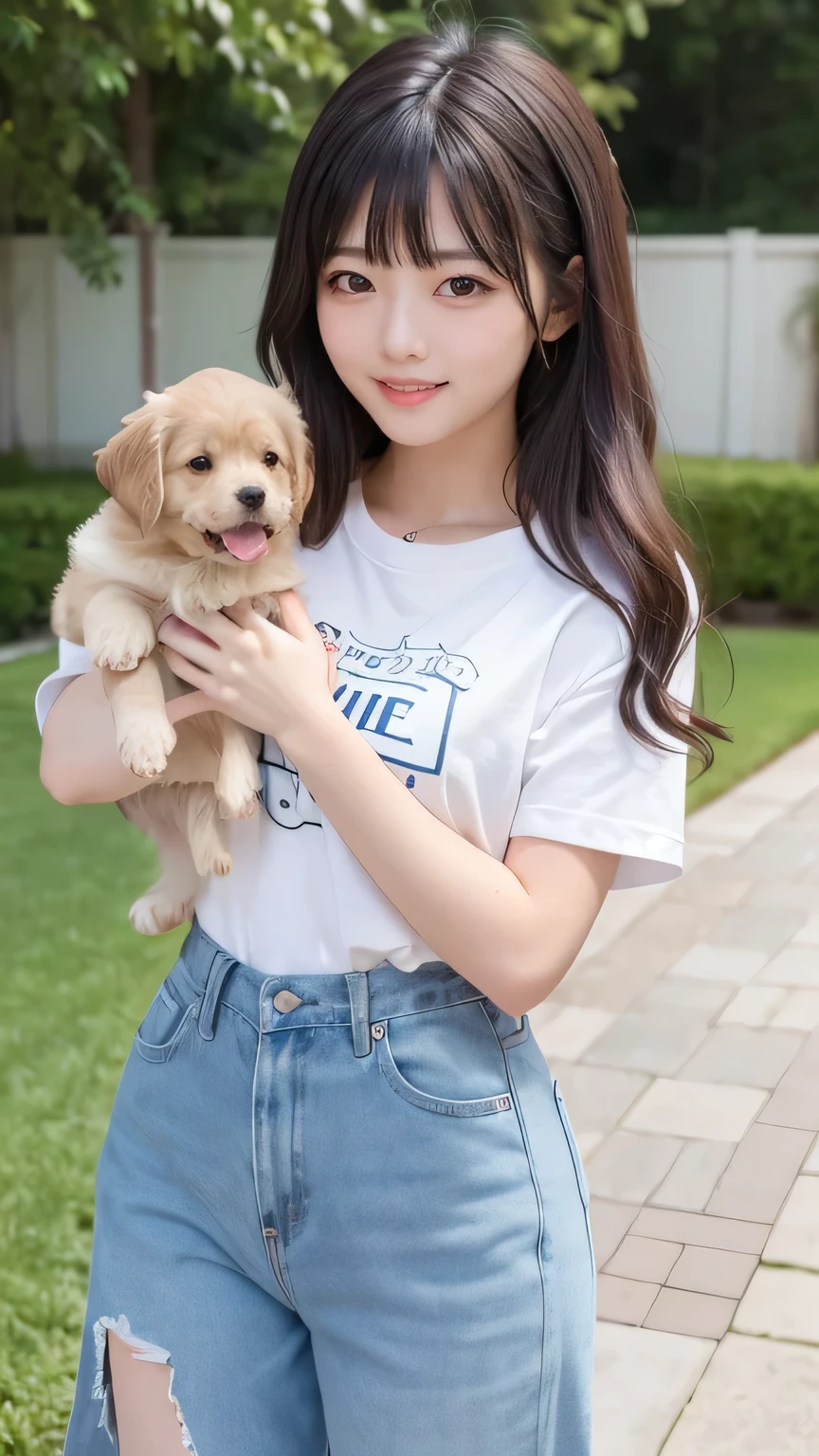 (masterpiece:1.2,Highest quality),Blur the background,1 female college student,((Cute casual clothes)),((Holding a puppy)),Wavy Hair,((Beautiful Eyes)),Blushed,Healthy Skin,(smile),garden,8k resolution