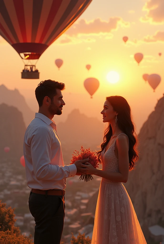 woman with name "Arianne" asking man with name "Matheus" to marry her in a hot air balloon in Cappadocia
