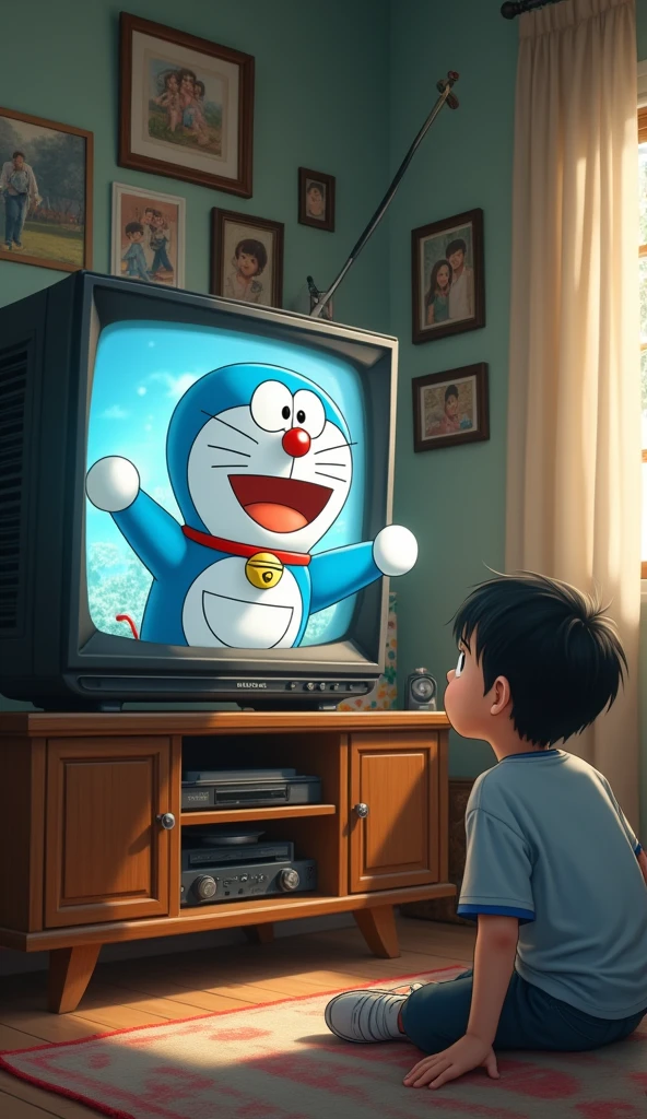 Doraemon travels through time from the TV screen to the boy 