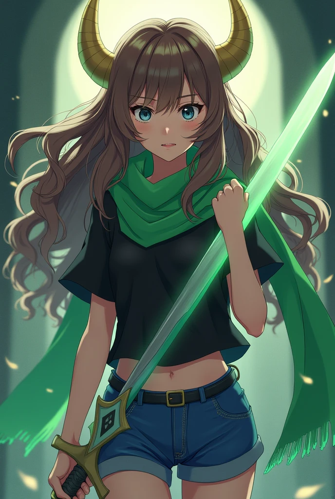 Female anime character with long brown hair, bangs, golden horns, a scarf, a black shirt, blue shorts, a green sword, and black lenses. 