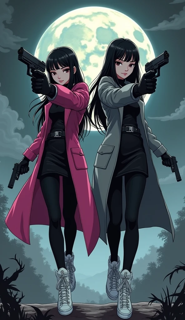 (Two young womens, long black hairs, yuri, Vampire Hunters

The first young women black eyes wear a pink long coat, black shirt, black pencil skirt, black underpants, black tights, black gloves, white sneakers high top.

The second young women black eyes wore a grey long coat, black shirt, black pencil skirt, black underpants, black tights, black gloves, white sneakers high top.

holding a pistol handguns, running, black grey sky, fantastic night sky, moon, cartoon novel, 4K, HD