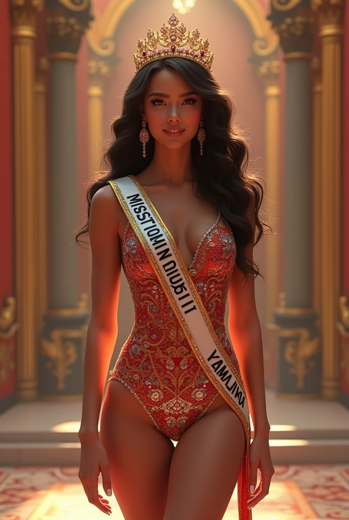 Create an image of a beautiful Miss Universe winner representing the country of Yomaland. She stands confidently on stage, wearing a stunning, swim suit, featuring intricate patterns and rich colors like deep red, vibrant Diamond. Her hair is styled in loose waves, adorned with a crown made of precious gemstones and delicate gold filigree, symbolizing the cultural heritage of Yomaland.A sash drapes elegantly across her shoulder, with 'YOMALAND' written in bold, shimmering letters. Her makeup is flawless, highlighting her natural beauty, with a radiant smile that reflects her poise and grace. The background shows an opulent stage with soft lighting, accentuating her presence as the center of attention.