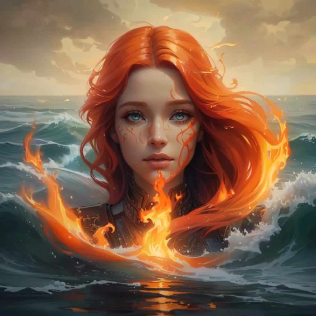 a painting of a woman with red hair and a flame in the water, burning ocean, hyperrealistic fantasy art, graphic artist magali villeneuve, realistic fantasy artwork, goddess of fire, fire and water, realistic fantasy painting, by Alexander Kucharsky, flames surround her, magali villeneuve', amazing art, ocean of canvas catching fire rage in eyes