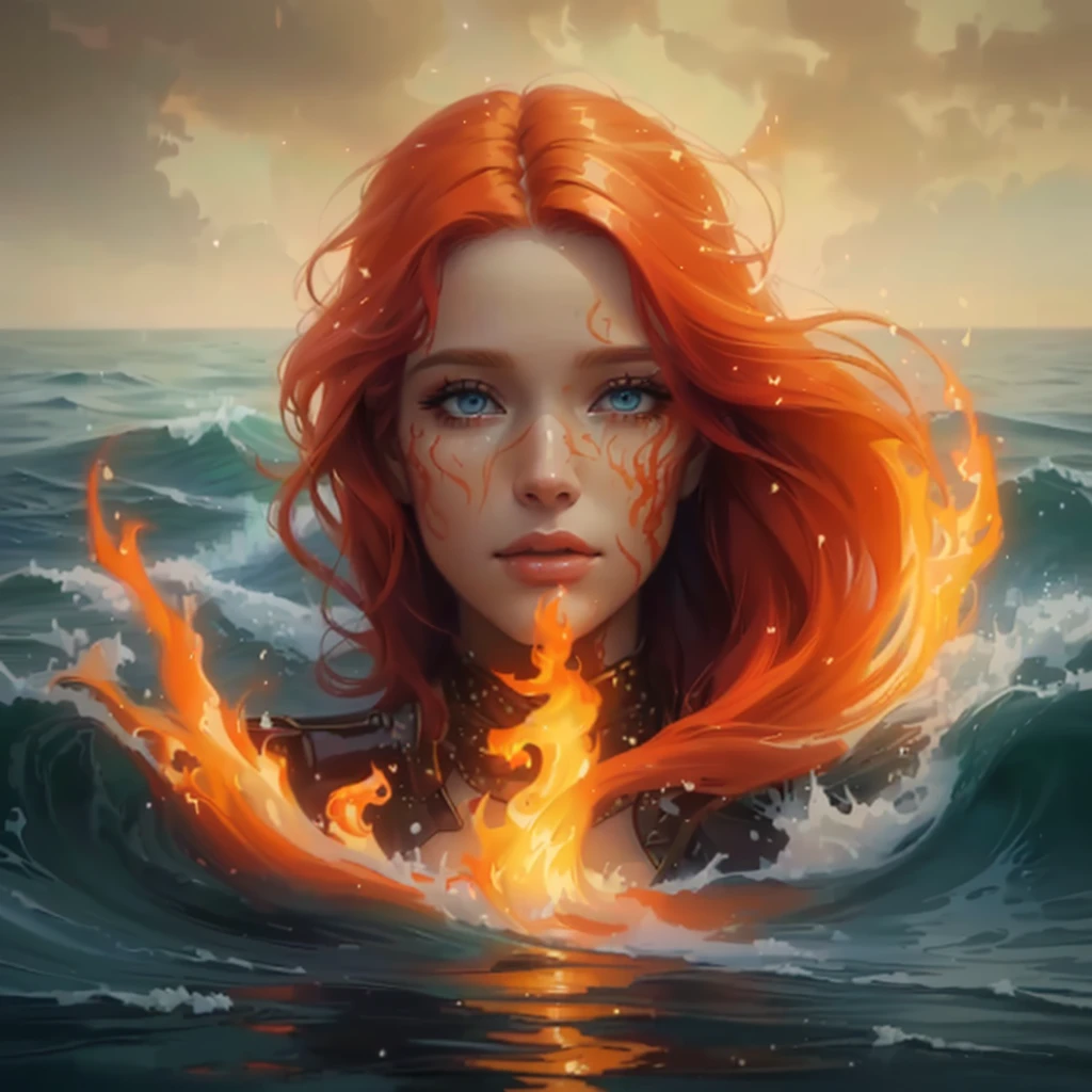 a painting of a woman with red hair and a flame in the water, burning ocean, hyperrealistic fantasy art, graphic artist magali villeneuve, realistic fantasy artwork, goddess of fire, fire and water, realistic fantasy painting, by Alexander Kucharsky, flames surround her, magali villeneuve', amazing art, ocean of canvas catching fire rage in eyes