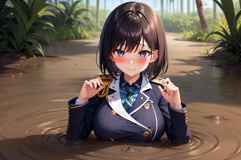 1girl solo, huge breast, black short hair, bangs, blue eyes, military uniform, epaulette, necktie, long sleeve, partially submerged, in mud, flooding up to the chest, upper body, seductive smile, (jungle:1.3), from above, hands up, (blush:1.3),