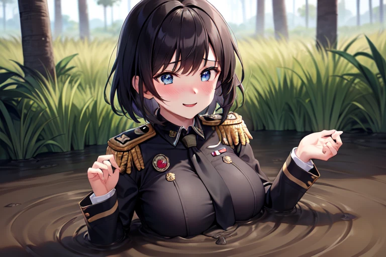 1girl solo, huge breast, black short hair, bangs, blue eyes, military uniform, epaulette, necktie, long sleeve, partially submerged, in mud, flooding up to the chest, upper body, seductive smile, (jungle:1.3), from above, hands up, (blush:1.3),