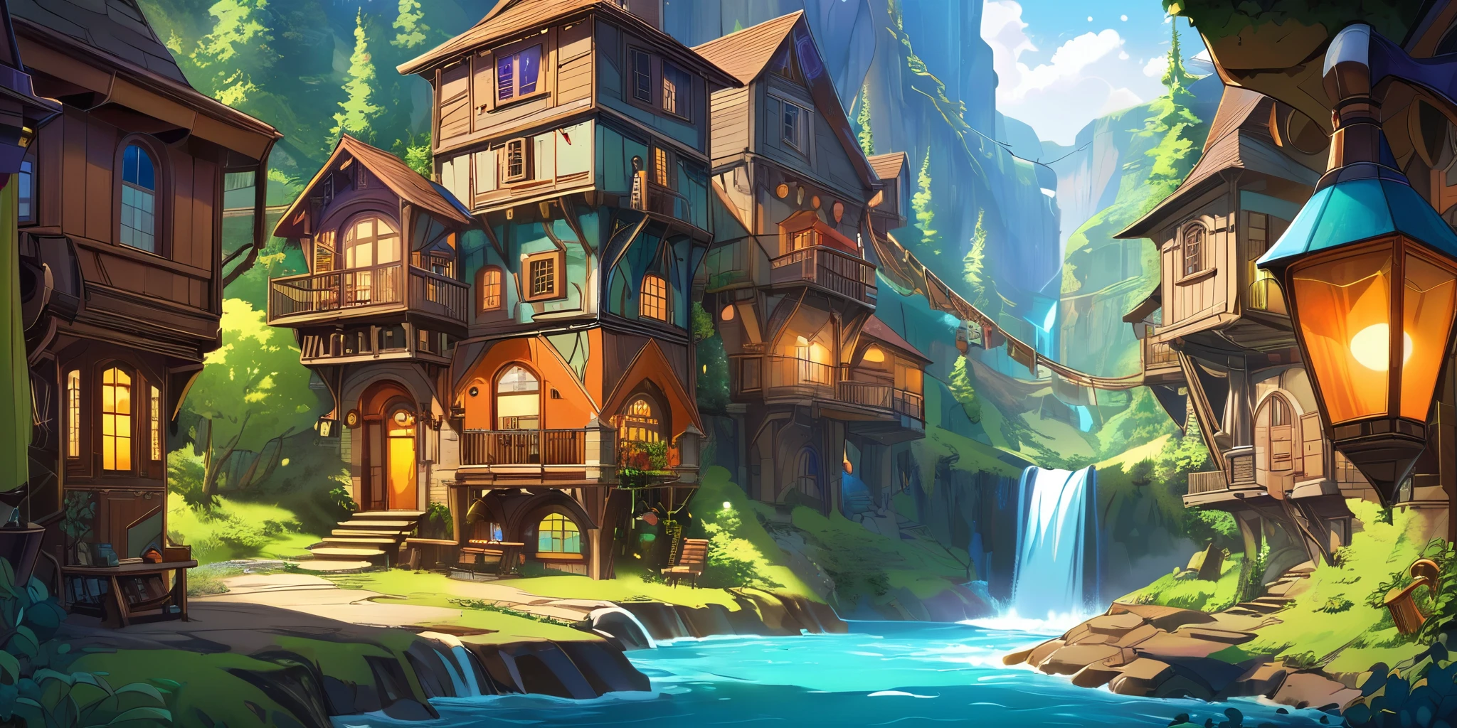 Dessinez une affiche d'anime lofi, village, canyon, Décoration Steampunk, Cascade, Lumière, forêt, une belle palette de couleurs en verre brun, couleurs saturées vibrantes, ouvrages d&#39;art, aucun humain, les jours, thème animé