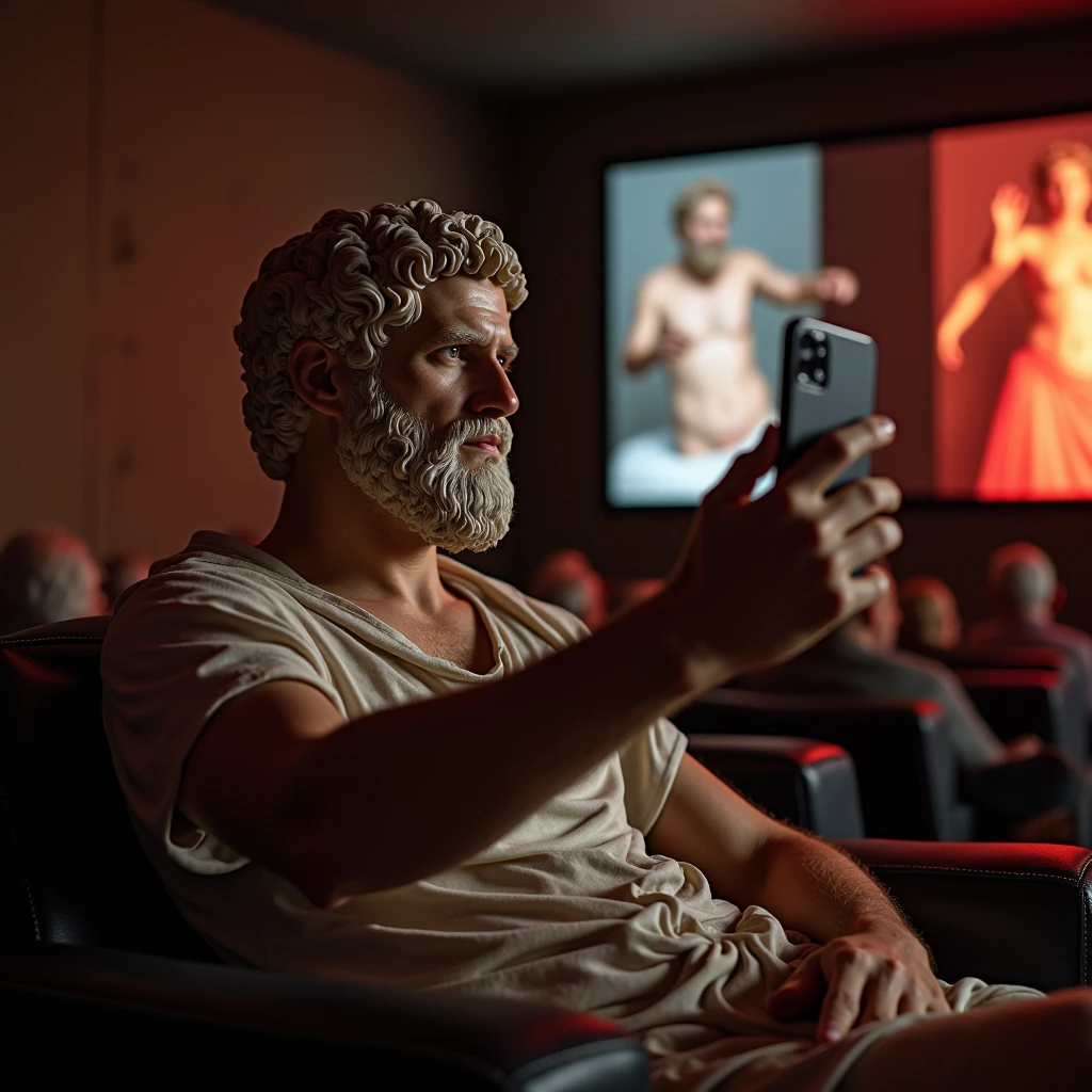 Aristotle, taking a selfie of himself watching the cinema