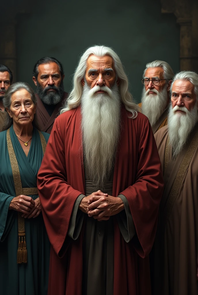 Seven wise elders, representing different ethnicities, are arranged in a harmonious semicircle. Three of these wise men are elderly women, while among men, one is black and the other is Asian. Their serene expressions reflect the cultural diversity and the profound wisdom acquired throughout their lives.. At the center, a man with a mysterious and charming appearance stands out, his long, well-groomed white beard and his face marked by wrinkles that tell stories of vast knowledge. Her clear eyes emanate an almost mystical serenity, as if they were hiding the secrets of the universe. All are dressed in simple robes, mas elegantes, that accentuate its aura of mystery and wisdom. The background is enigmatic, evoking an atmosphere of mystery and depth, suggesting a place where ancestral knowledge is carefully preserved and transmitted. The image should have a horizontal orientation, with dimensions of 1920 x 1080.

Remember that there should be seven characters
