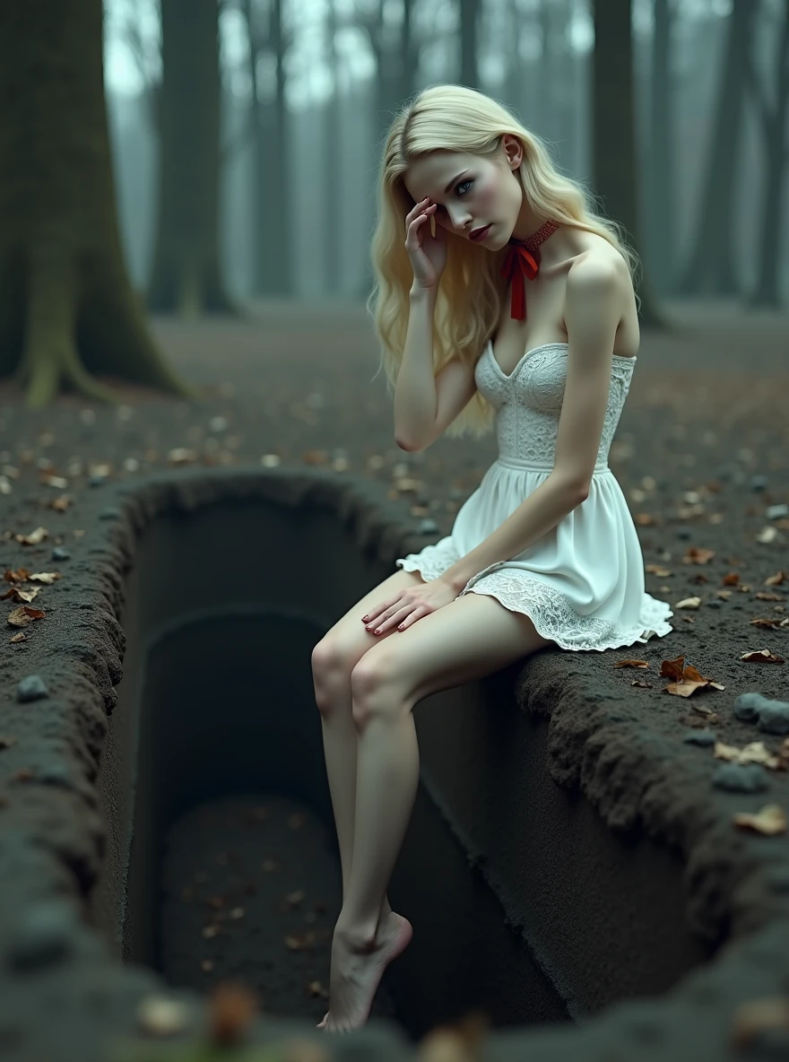 (Photorealism:1.1), Young woman, blonde, bald, Long legs, Beauty, medium breasts, The right hand covers the eyes., dressed in a long white dress, the girl's shoulders are bare, legs are bare, a light wind ruffles her hair, lace dress, lace corset, a long train of the dress hangs on the edge of the grave, Young woman сидит на правом краю могилы, gray eyes color, the background is a dense, dry, gloomy forest of very thin branches, , Young woman сидит на краю могилы свесив ноги, The view is directed inside the pit, a red lace bow on her neck, grave is dug in the ground, The edges are earthen, earth walls, black earth, wide grave, even edges
