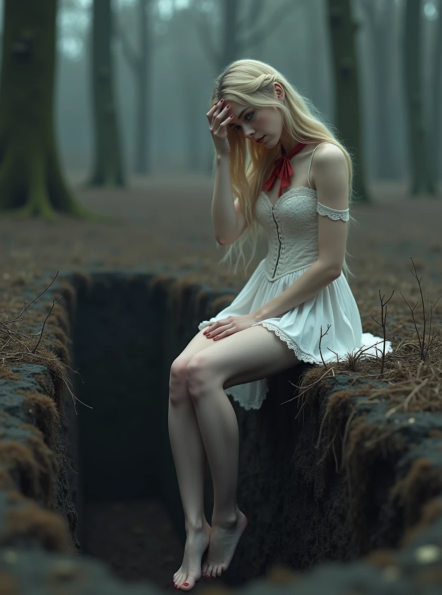 (Photorealism:1.1), Young woman, blonde, bald, Long legs, Beauty, medium breasts, The right hand covers the eyes., dressed in a long white dress, the girl's shoulders are bare, legs are bare, a light wind ruffles her hair, lace dress, lace corset, a long train of the dress hangs on the edge of the grave, Young woman сидит на правом краю могилы, gray eyes color, the background is a dense, dry, gloomy forest of very thin branches, , Young woman сидит на краю могилы свесив ноги, The view is directed inside the pit, a red lace bow on her neck, grave is dug in the ground, The edges are earthen, earth walls, black earth, wide grave, even edges