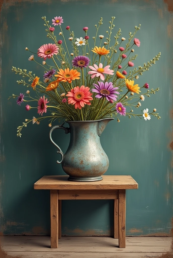 Create a poster (chalkboard) of an antique iron in the shape of a pitcher with wildflowers inside it on a small, aged wooden table