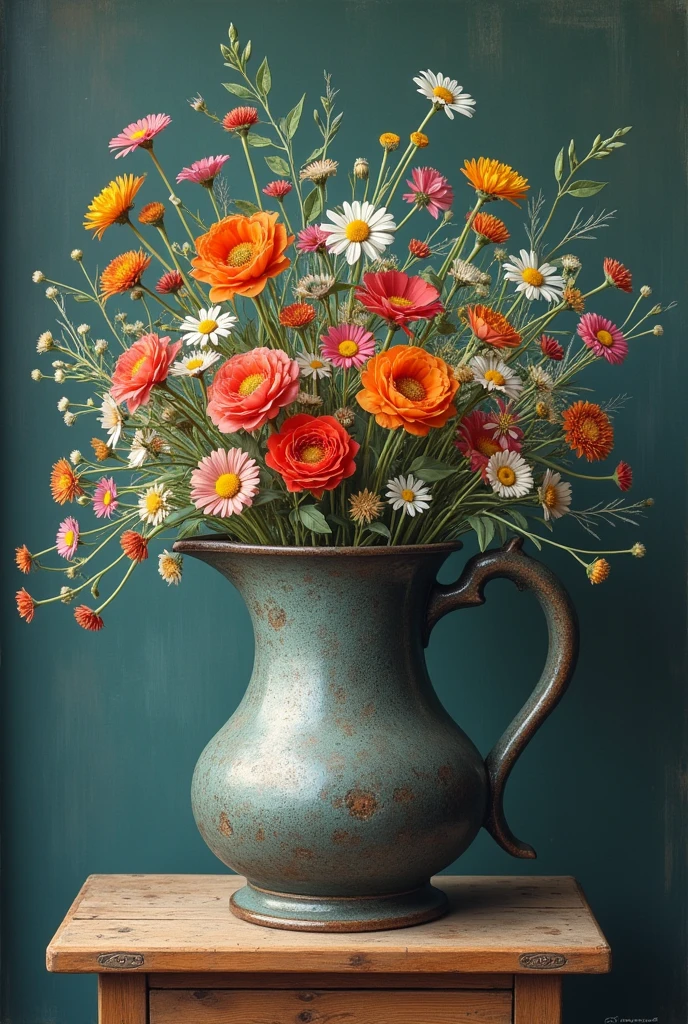 Create a poster (chalkboard) of an antique iron in the shape of a pitcher with wildflowers inside it on a small, aged wooden table