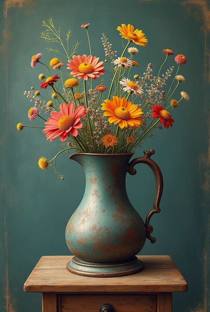 Create a poster (chalkboard) of an antique iron in the shape of a pitcher with wildflowers inside it on a small, aged wooden table