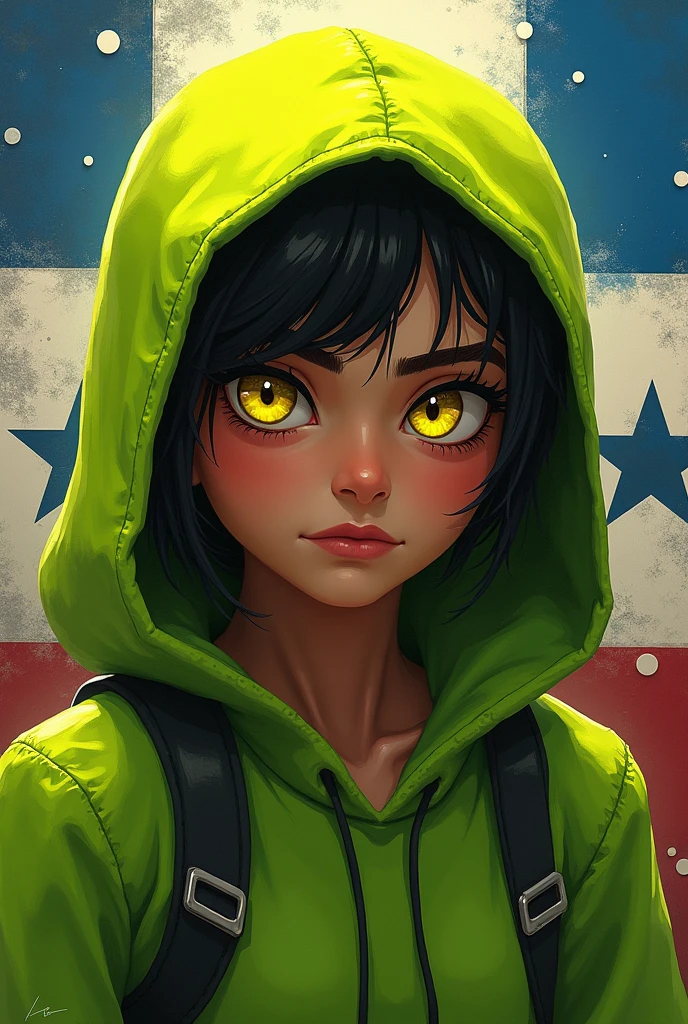 A picture of a Minecraft skin with the Honduras flag, a lime green hoodie and a Honduras flag background with yellow eyes