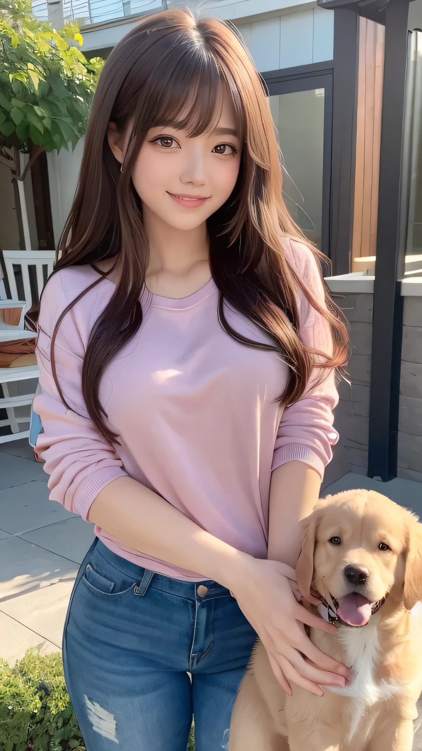 (masterpiece:1.2,Highest quality),Blur the background,1 female college student,((Cute casual clothes)),((Holding a puppy)),Wavy Hair,((Beautiful Eyes)),Blushed,Healthy Skin,(smile),garden,8k resolution