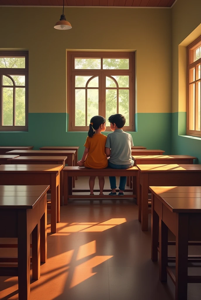 An indian classroom having full of wooden desks and benches from the perfect side view the desks and benches are  facing towards left side and the right side of the desks and benches having window which had three part and the back side also having a window as the right side window and in the last bench a boy and girl is sitting and looking each other