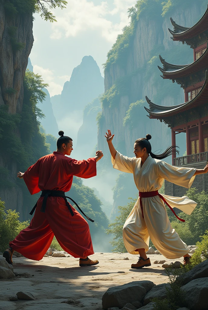 Wong fei hung fighting against a kung Fu master. Tong long style. In the background the scenery of a shaolin temple in the mountains. This image should be like the cover of an RPG book. Make it more realistic. Do one with a closed fist and the other with a high kick.