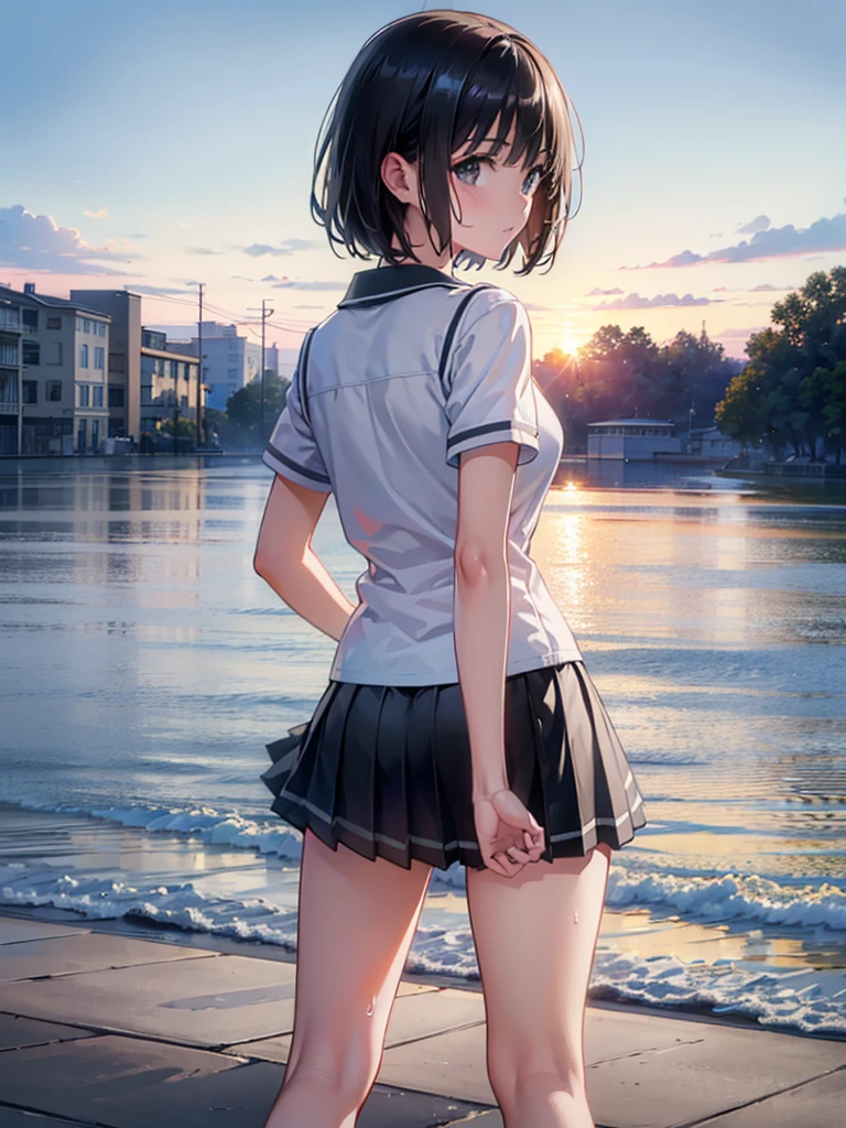 (Highest quality, masterpiece, Ultra-high resolution, (Photorealistic:1.4), RAW Photos),One girl,chool uniform,(wet:1.1), short sleeve,no skirt ,show off hip,no panties,no bra,(Very short black hair, Amazingly cute face, Very beautiful big black eyes)), Very lean body, Very flat and beautiful Massive Breasts and a beautiful ass,blush,Showcasing cleavage, legs, stretch legs, hip,spread legs, (back pose:1.3),View Viewer, Detailed face, Fine grain, Detailed Hair, Detailed body, Thigh details,