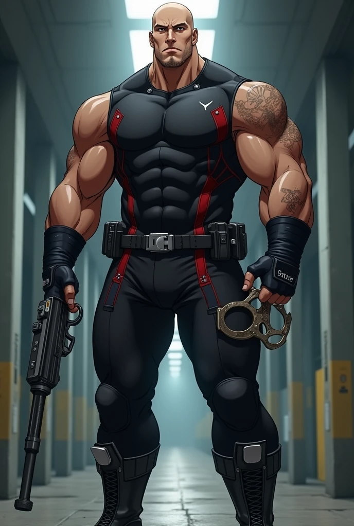 A man of tall stature and robust physique. Your body is muscular and well-defined. His face is square and strong, with a well-defined jawline. He has striking facial features, with a firm chin and prominent cheekbones. dark piercing eyes. baldie. Straight and strong nose, harmonizing with her facial features. Medium and well-defined lips, displaying a serious expression. Your skin is tanned. He has visible scars on his arms and face. She wears a body-hugging combat suit, made from a lightweight material, Flexible and durable. The suit is black with dark red details, designed to allow maximum mobility and discretion. Has hidden pockets and compartments for storing small tools and weapons. She wears black combat boots that reach halfway up her calf, with non-slip soles and reinforced tips for additional protection. black fingerless gloves, made from the same durable material as the suit, providing a better grip on his weapons and on surfaces. A black belt with several pockets and compartments to store smoke grenades, and other tactical equipment. He has a pair of custom brass knuckles, made of reinforced steel and with silver details. He carries the brass knuckles attached to his belt. Metal bracelets on the forearms. serious and focused expression. Hall in the background. anime styling.