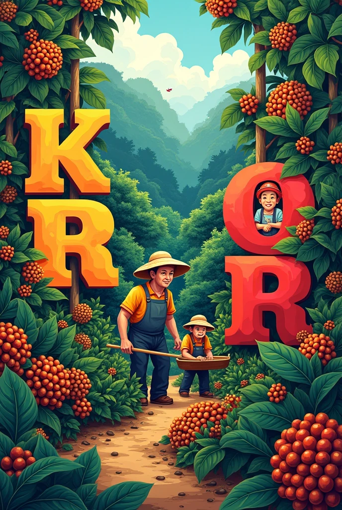 An illustration to paint on a mural with the words PKR on the left side and the word wallakury on the right side with drawings of coffee branches and coffee producers