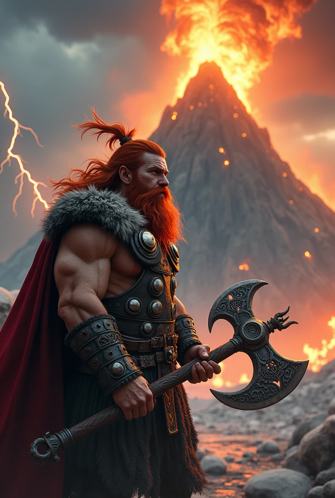 Red-haired and bearded dwarf warrior, with ancestral axe. Facing Thor, God of Norse Mythology, in the background a flaming mountain, with the volcano, lightning crossing the sky