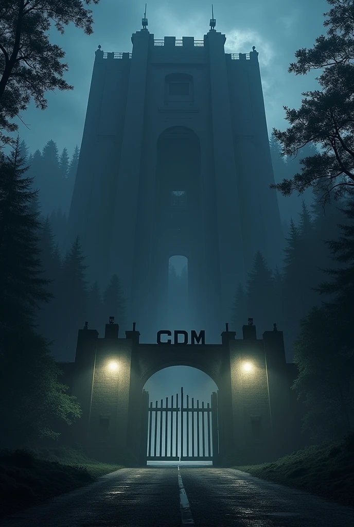 A gigantic, massive base in the middle of the woods with giant walls and CDM written at the entrance., it's night.